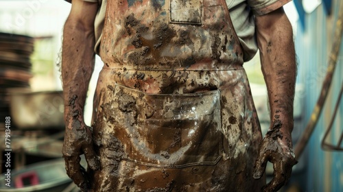 A man wearing a dirty apron standing in a kitchen. Suitable for culinary or cooking concepts