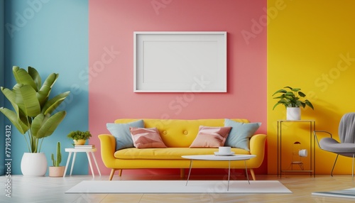Interior design of random themed living room with random colored sofas and furniture and blank white frame mockup on the abstract colored wall