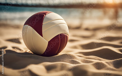 A volleyball in the sand, symbolizing teamwork and summer, with a defocused beach volleyball court in the background