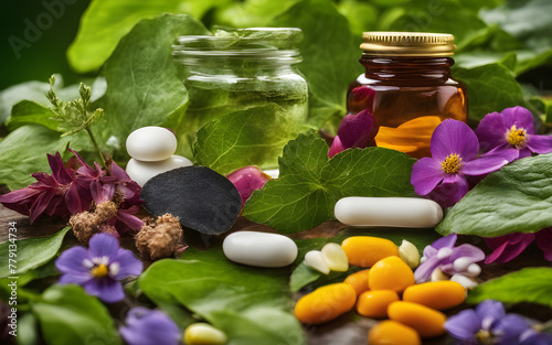 Assorted natural herbal and vitamin supplements on vibrant green leaves and wildflowers