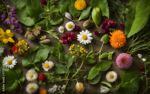 Assorted natural herbal and vitamin supplements on vibrant green leaves and wildflowers