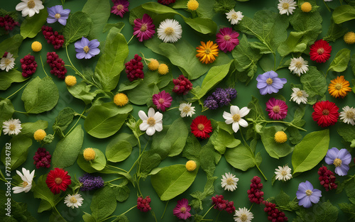 Assorted natural herbal and vitamin supplements on vibrant green leaves and wildflowers