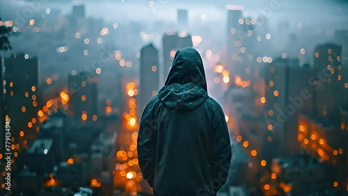 Faceless man from behind in hoodie looks at night city from roof of skyscraper photo
