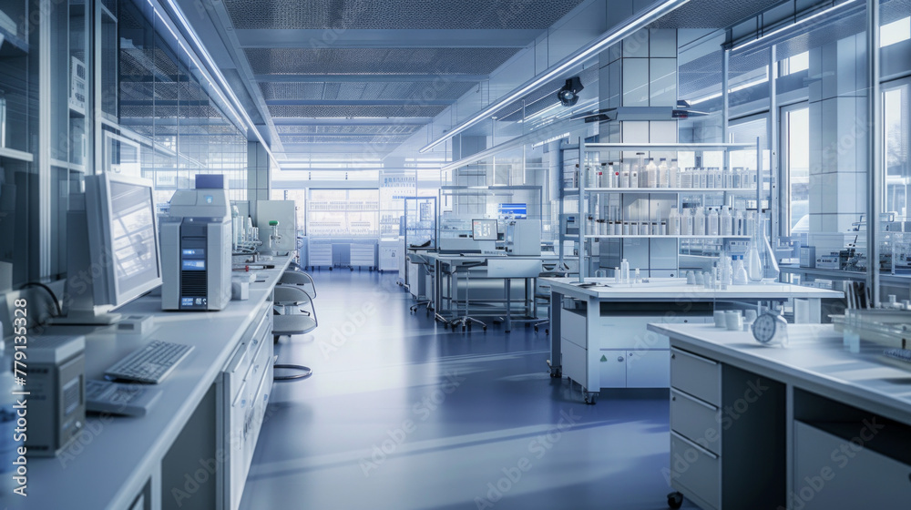A state-of-the-art pharmaceutical formulation development laboratory with formulation scientists' workstations and tablet compression machines A state-of-the-art pharmaceutical formulation development laboratory with formulation scientists' workstations and tablet compression machines