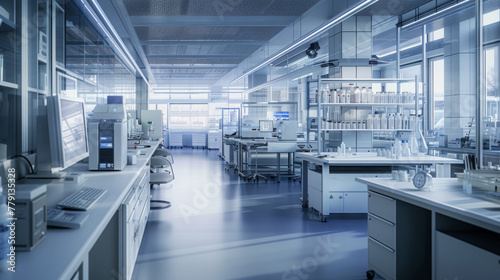 A state-of-the-art pharmaceutical formulation development laboratory with formulation scientists' workstations and tablet compression machines photo