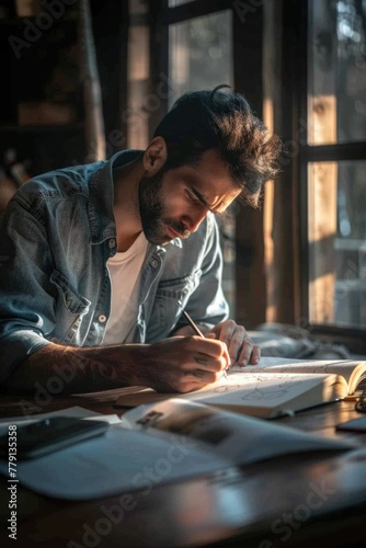 A man sitting at a table writing on a piece of paper. Suitable for business and education concepts