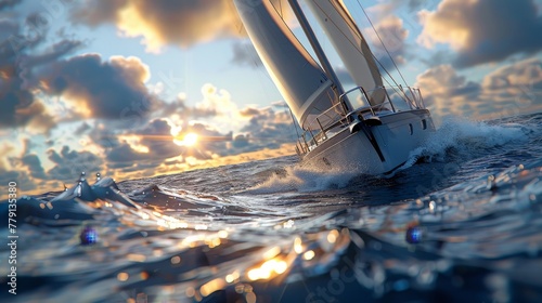 Hyper realistic close up view of sailing on a yacht among picturesque nearby islands © RECARTFRAME CH