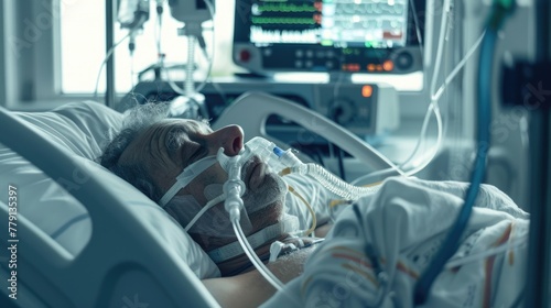 Person laying in hospital bed with oxygen tube, suitable for medical concepts