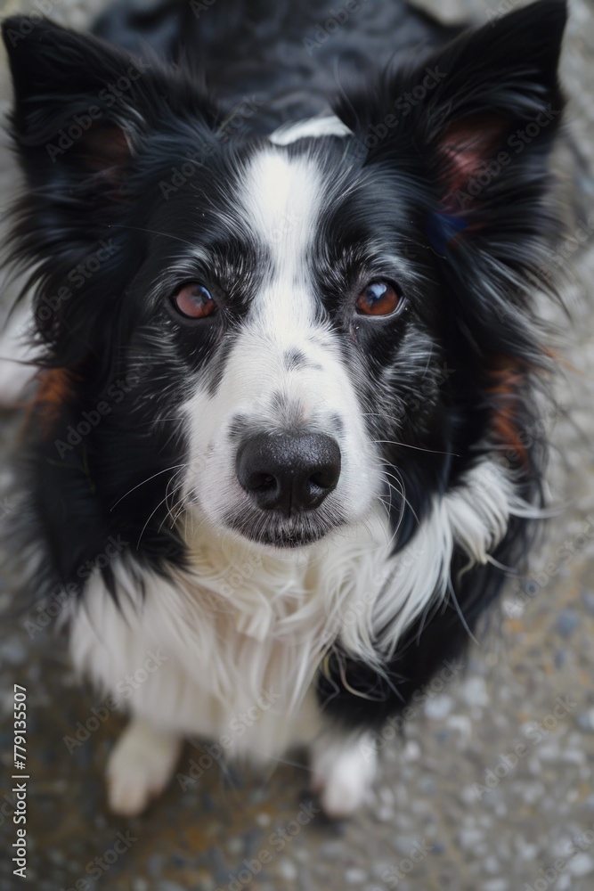 A black and white dog looking up at the camera. Suitable for pet blogs or animal care websites