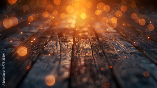 A wooden deck table top for product montage display with Grunge style blurred Brown vintage bokeh background and a blurry glittering background with lights concept for choosing best design.