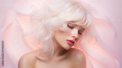 Dreamlike portrait, illuminated by soft white and pink light, captures a moment of celebration