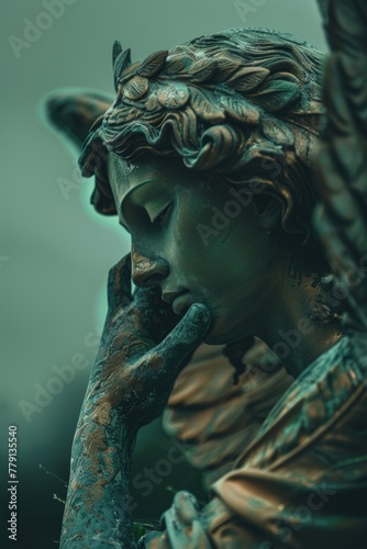 A close up of a statue of an angel. Perfect for religious or memorial concepts