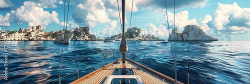 Hyper realistic close up sailing on a yacht among the nearby islands, ultra realistic depiction