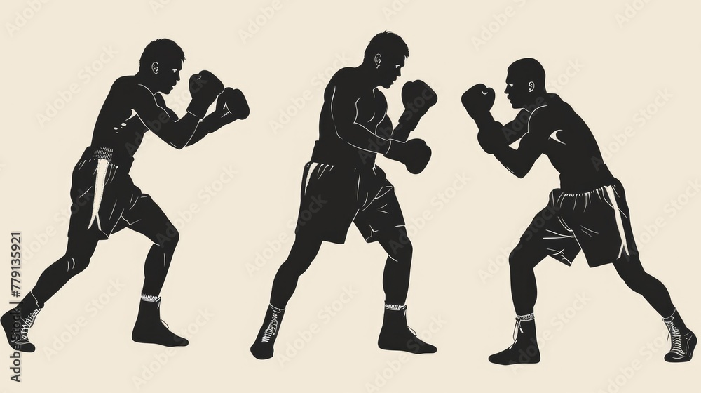Three silhouettes of boxers in a boxing stance. Suitable for sports and competition concepts