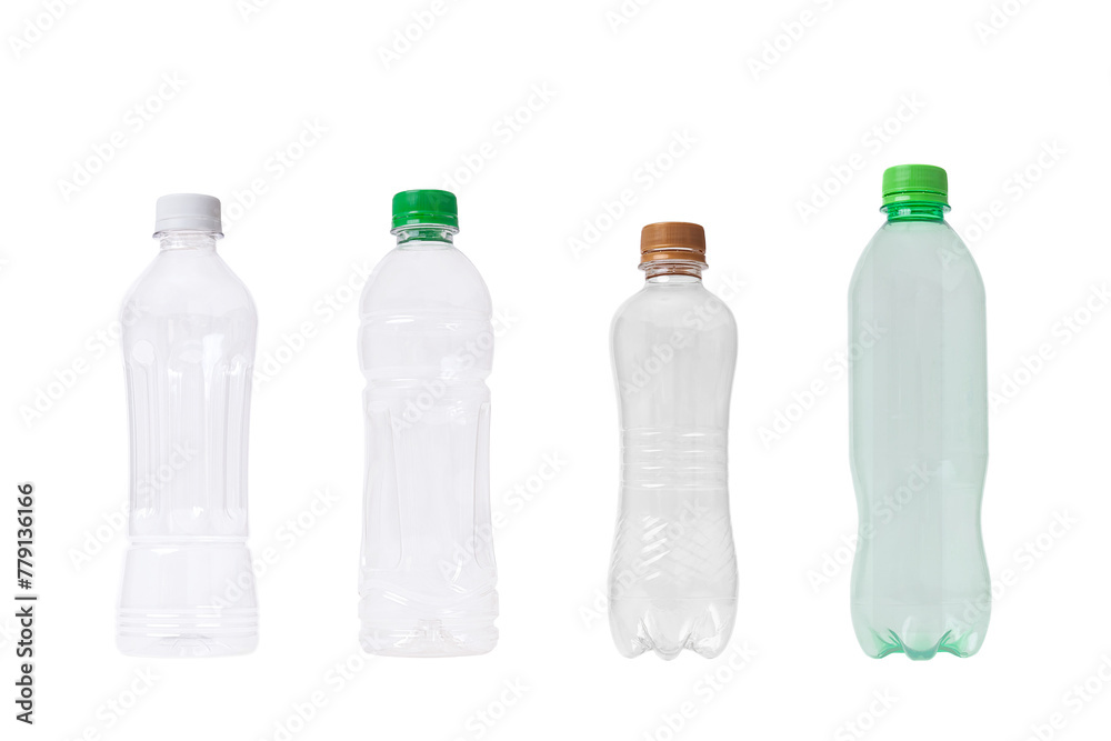 Empty plastic water bottles with transparent ground - obrazy, fototapety, plakaty 