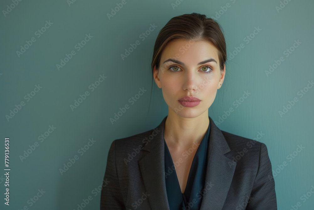 A woman in a suit stands in front of a blue wall A woman in a suit stands in front of a blue wall