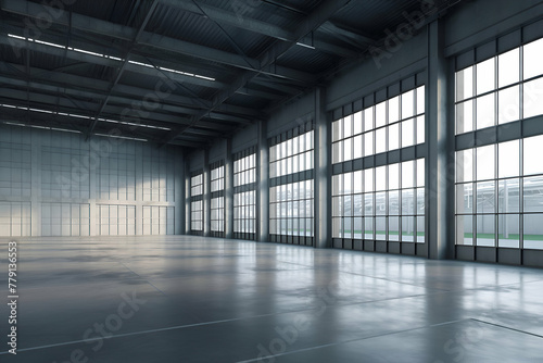 3d rendering empty warehouse with large windows and large windows in background