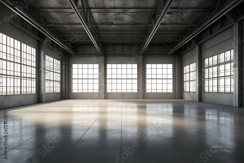 3d render of an empty warehouse with large windows and floor tiles