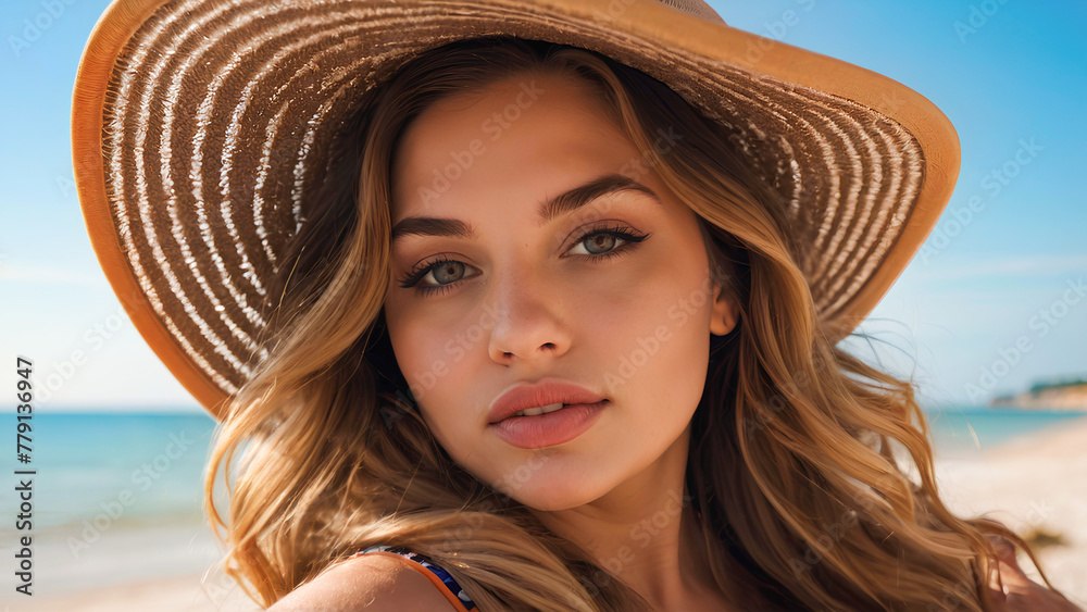 Beautiful young woman in straw hat looking at camera while standing on beach