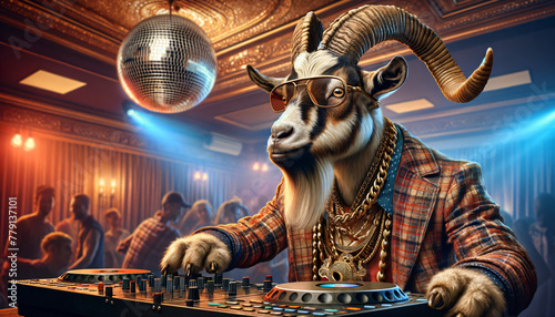 Funky goat as DJ in the nightclub