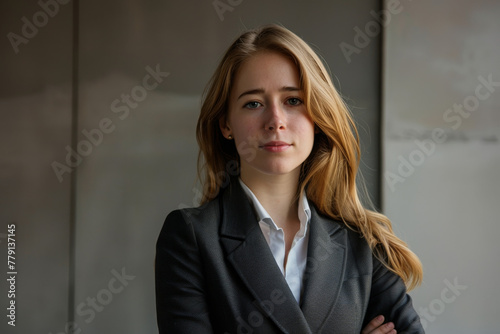 A woman in a suit stands with her arms crossed