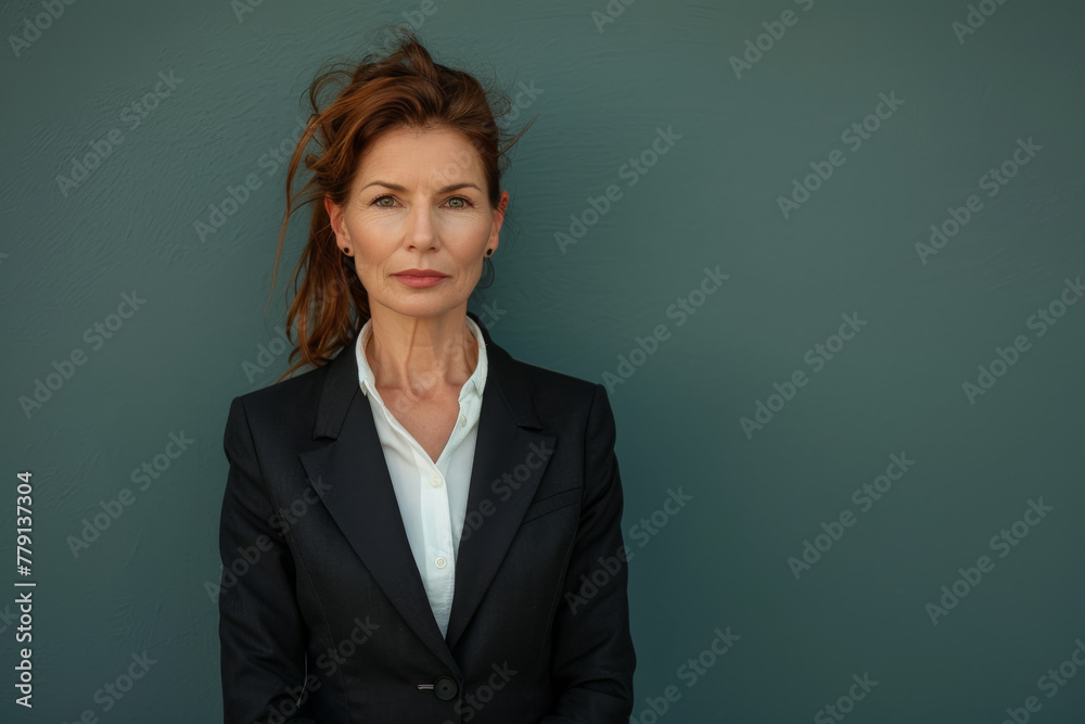 A woman in a suit and white shirt stands in front of a blue wall A woman in a suit and white shirt stands in front of a blue wall