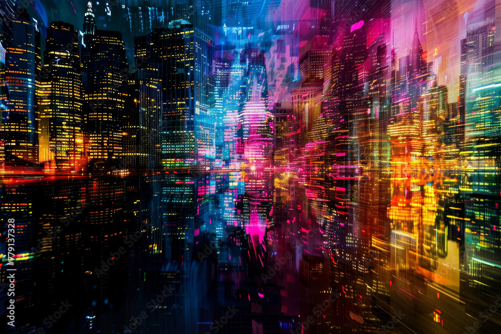 A cityscape with a bright neon city skyline