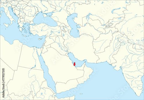 Red detailed blank political map of QATAR with black borders on white continent background, blue sea surfaces and rivers using orthographic projection of the Middle East