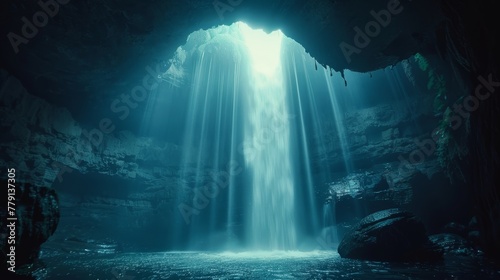 Breathtaking cinematic shot of massive cave with waterfall in dramatic single light setting photo