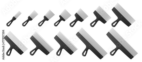 Set of Stainless Steel Putty Knife isolated on a white background. Plaster spatula. Construction, Building tool. Spackling instrument. Spatula for finishing work. Realistic 3d Vector illustration.