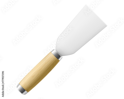 Putty knife isolated on a white background. Plaster spatula with stainless steel blade. Construction, Building tool. Spackling instrument. Spatula for finishing work. Realistic 3d Vector illustration.