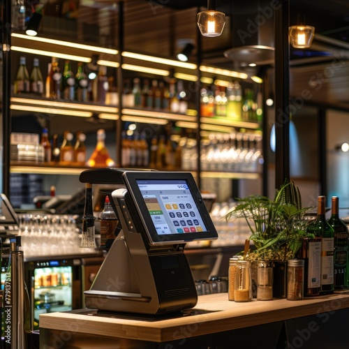 A modern tablet device on a sleek bar counter, suitable for technology or hospitality concepts