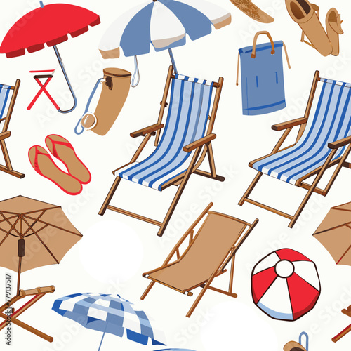 A collection of diverse visuals featuring beach chairs, sun loungers, sun umbrellas, and sand mats, showcasing the variety and options available for a relaxing beach experience.