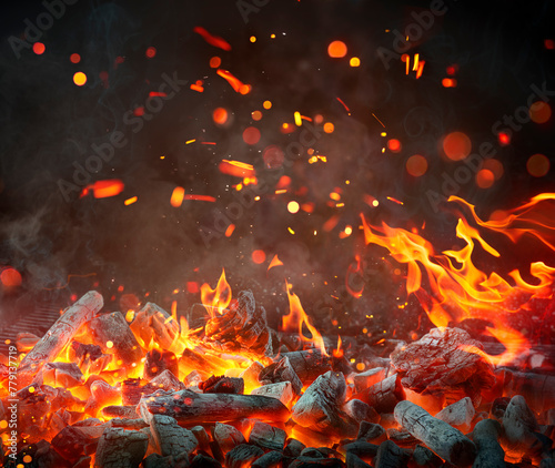 Charcoal For Barbecue Background - Hot Flames And Abstract Defocused Sparks
