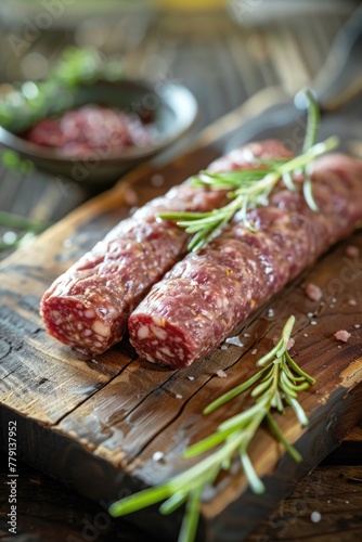 Fresh sausages on a rustic cutting board, perfect for food blogs or recipes