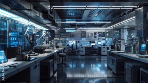 A state-of-the-art semiconductor research and development center with scientists' workstations and advanced testing equipment © Textures & Patterns
