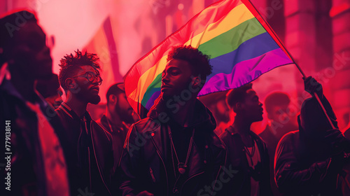 African American individual holding an LGBTQ flag  symbolizing gay pride among black people photo