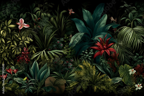 Beautiful jungle background with tropical plants and flowers. Illustration.