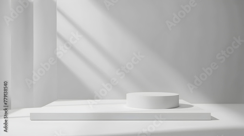 Two level cylindrical white podium for displaying goods on a gray wall background White room with shadow from the light from the window minimal white showcase geometric shape group.