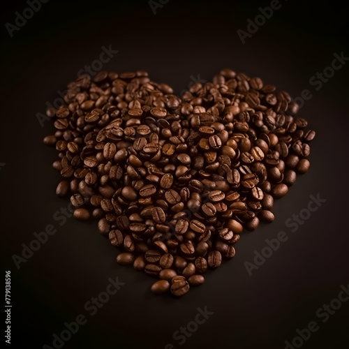 Coffee beans in the shape of a heart on a dark background
