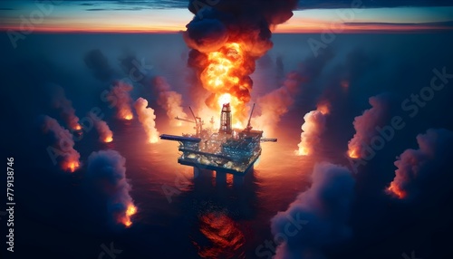 A catastrophic scene of an offshore oil rig massively engulfed in flames and surrounded by multiple explosions at sea during sunset .  