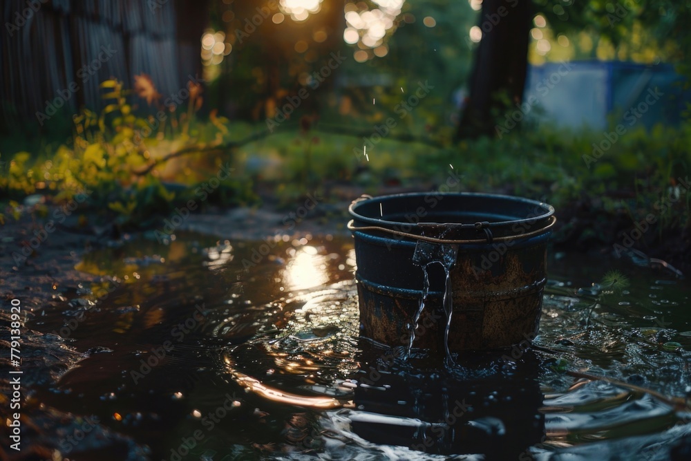 A bucket sitting in a puddle of water. Suitable for various concepts and designs