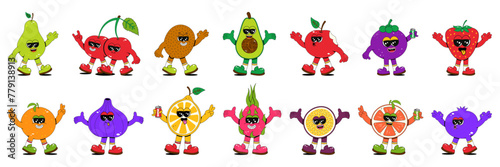 Set of fruit characters in retro groovy style. Vector illustration of fruit stickers with hands, feet and cute faces on a white isolated background.