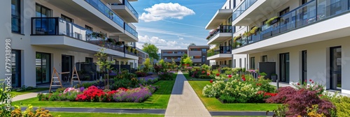A beautiful walkway lined with vibrant flowers meanders gracefully between two buildings, creating a peaceful and picturesque scene