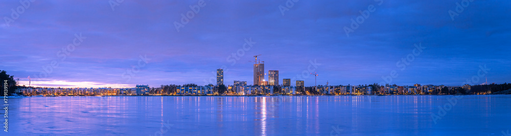 Winter Panorama of Helsinki's Vuosaari district in Finland. Panorama of a winter evening in Helsinki. Winter Panorama of Helsinki's Vuosaari district in Finland. Panorama of a winter evening in Helsinki.