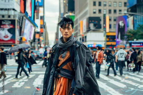 In the heart of the city, an Asian model stands out with his contemporary fashion sense, blending traditional patterns with a modern twist. © NS