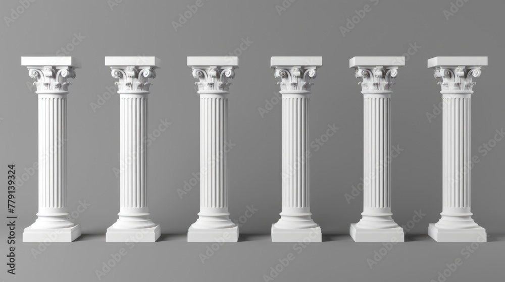 Fototapeta premium Minimalist image of four white columns against a gray backdrop. Ideal for architectural designs