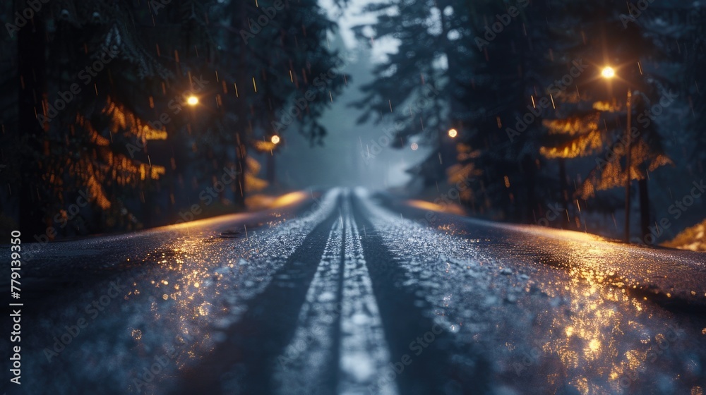 A wet road cutting through a dense forest at night. Perfect for spooky or mysterious themes