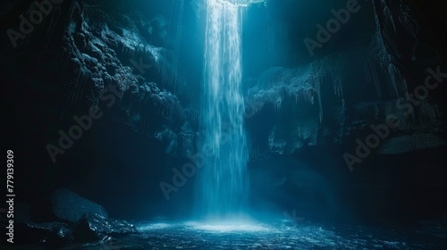 Vivid cinematic capture of the enormous cave with stunning waterfall lit by a singular light source