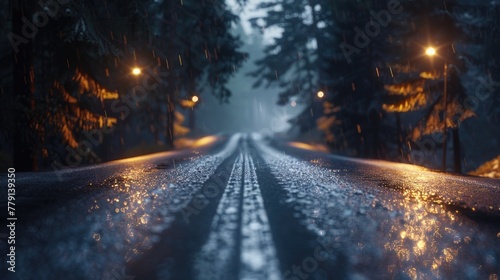 A wet road cutting through a dense forest at night. Perfect for spooky or mysterious themes